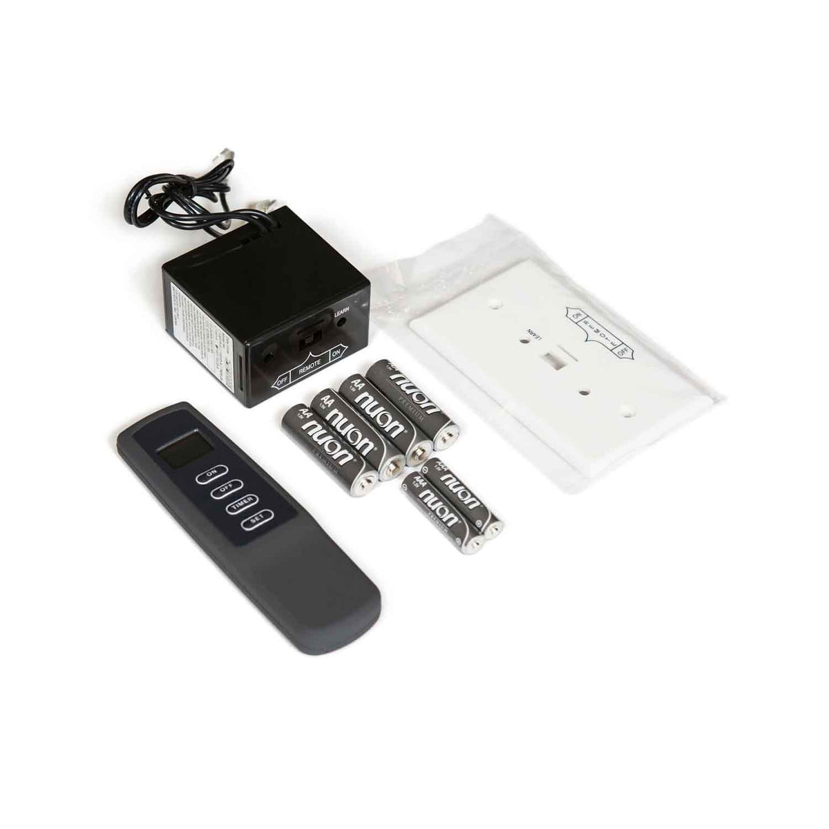 Gas log remote control kit with handheld remote, receiver, batteries and wall switch
