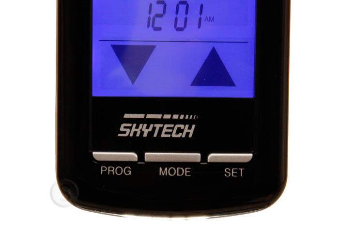 Skytech remote bottom with buttons labeled PROG, MODE, SET and logo