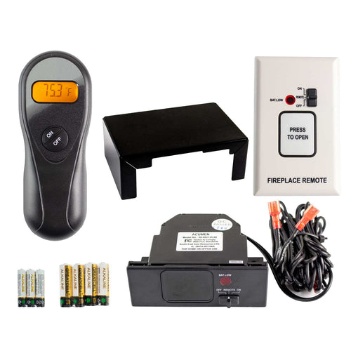 On/off fireplace remote control with LCD display and included batteries, cables, and receiver