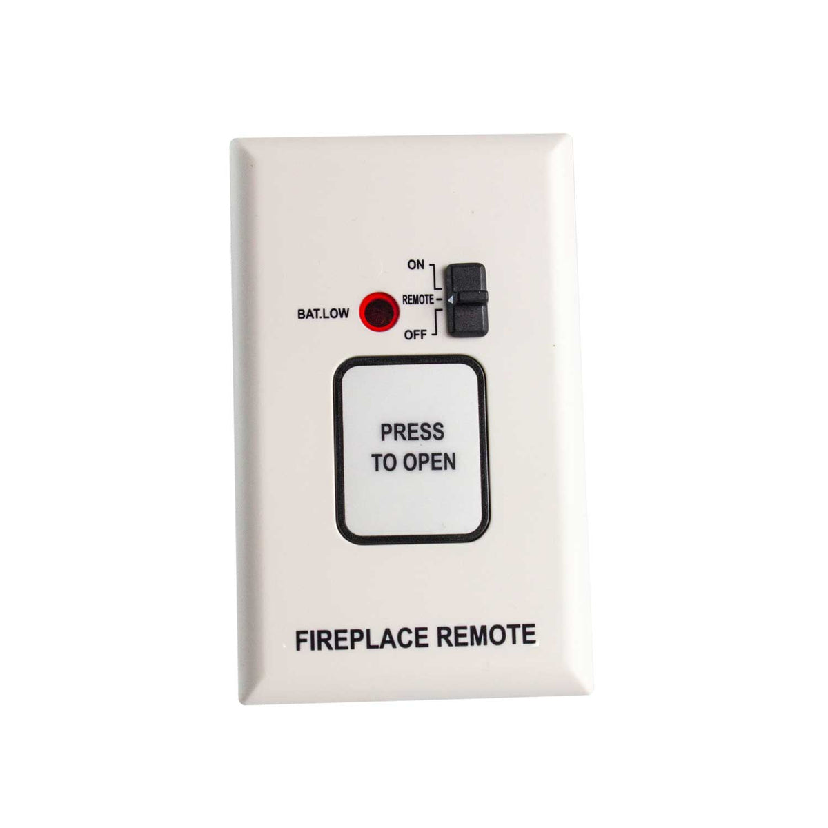 Fireplace remote control wall plate with ON/REMOTE, OFF, and press to open button