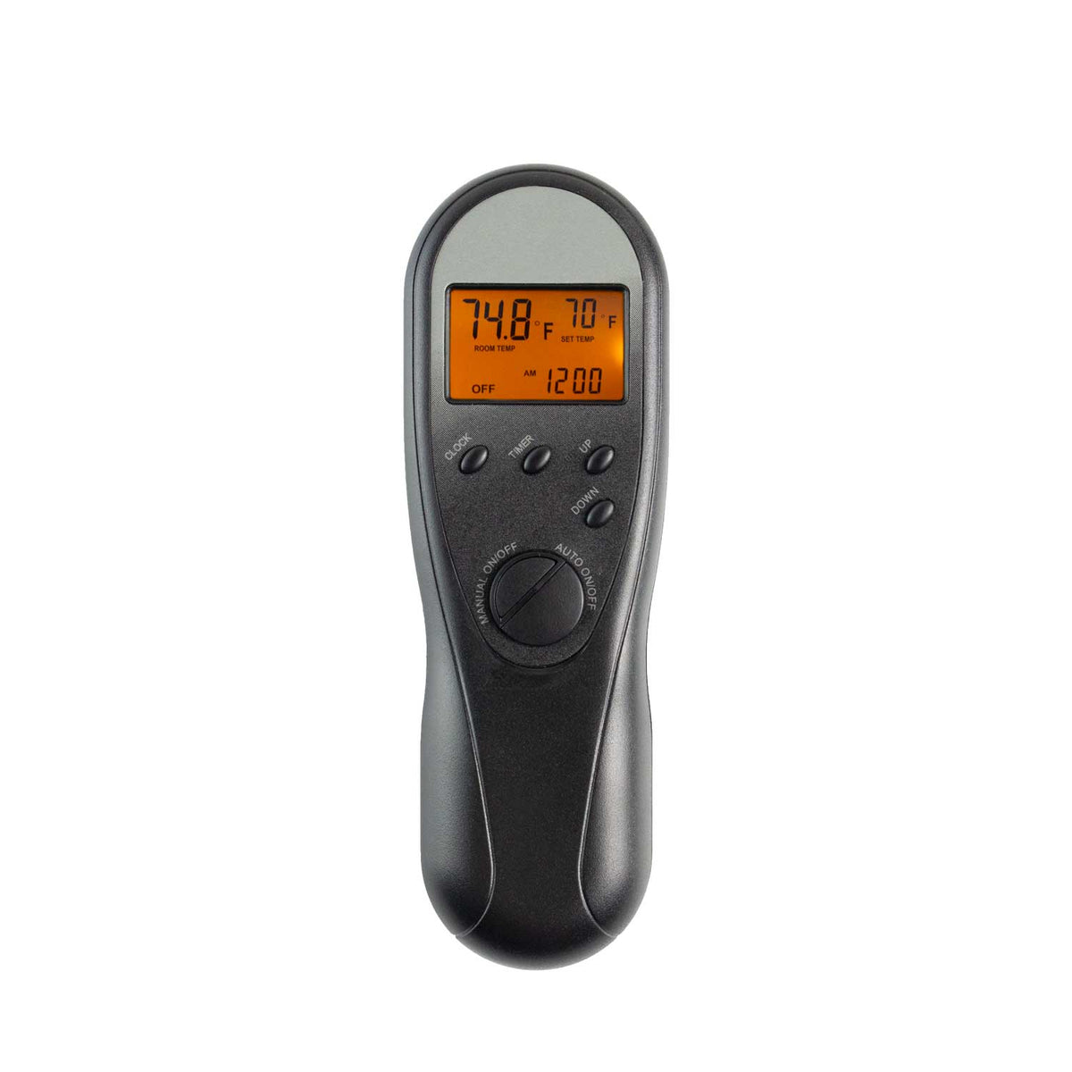 Handheld fireplace remote with LCD showing temperature and timer