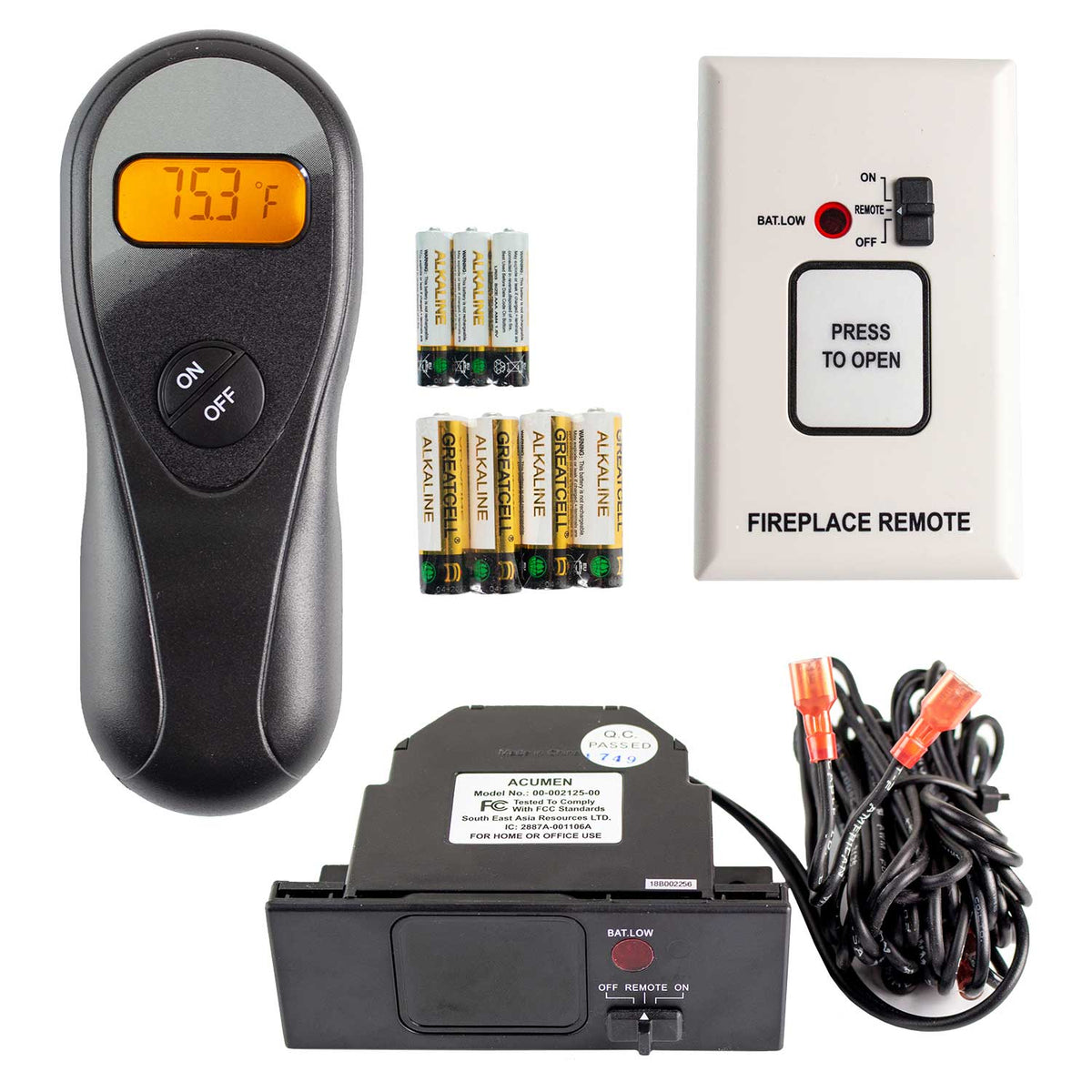 Fireplace remote control key fob with ON/OFF buttons and orange display reading 75.2