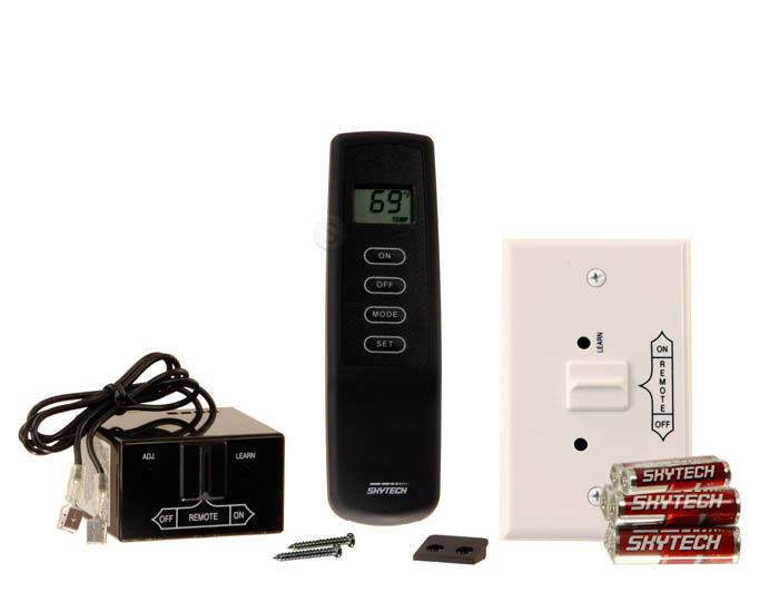 Fireplace thermostat remote kit with display remote, receiver box, and mounting hardware