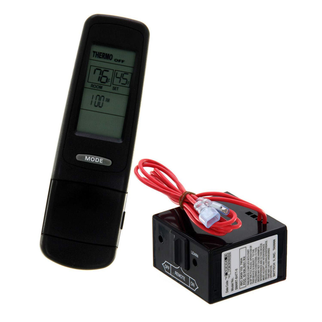 Black fireplace remote control with LCD screen, plus black receiver box and red wiring