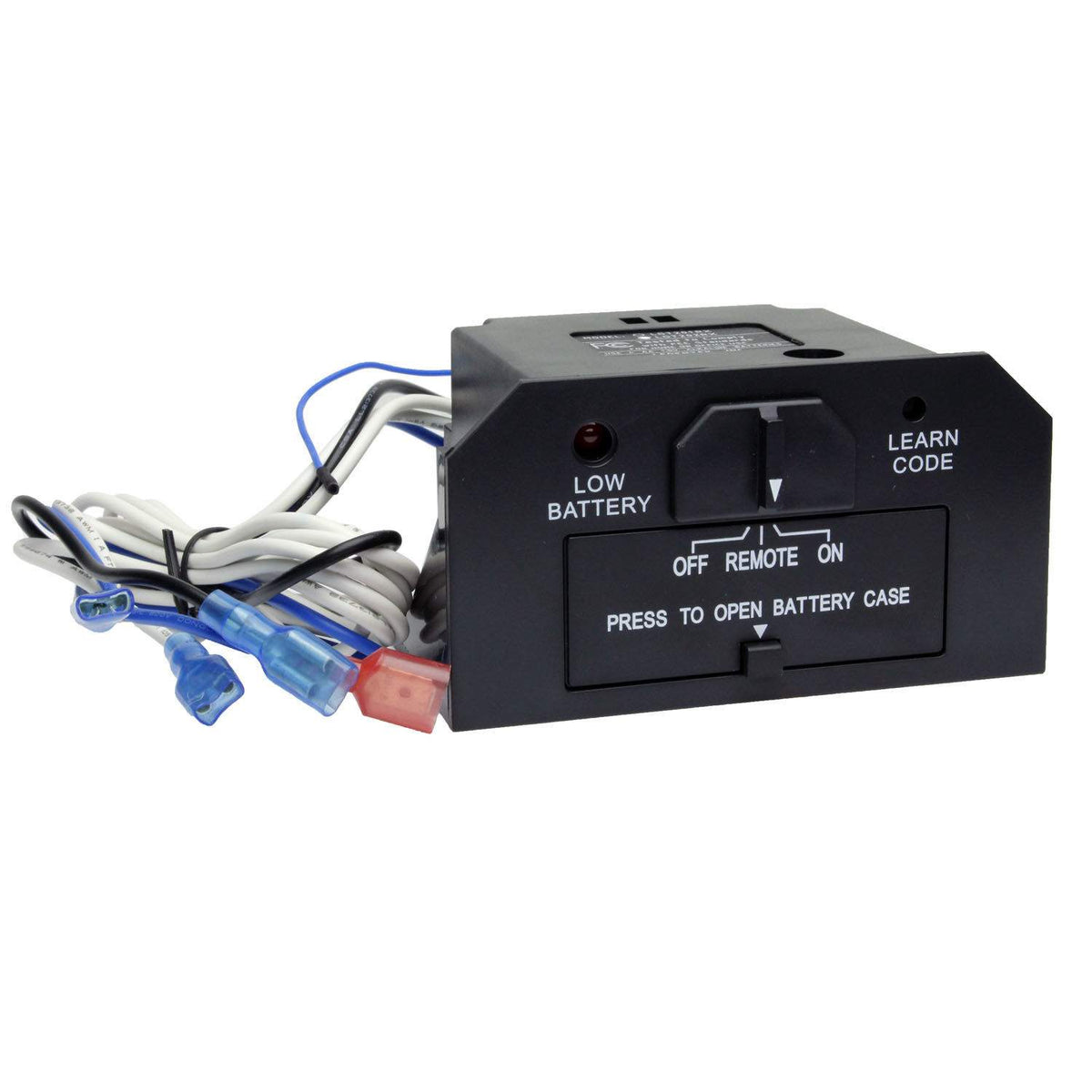 Black thermostat receiver module with wiring harness and learn code battery cover