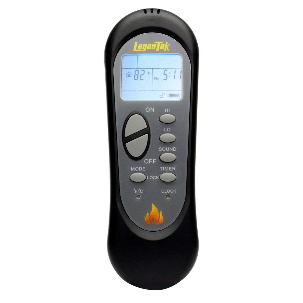 Black LCD fireplace remote control with on/off, mode, sound, timer and clock buttons